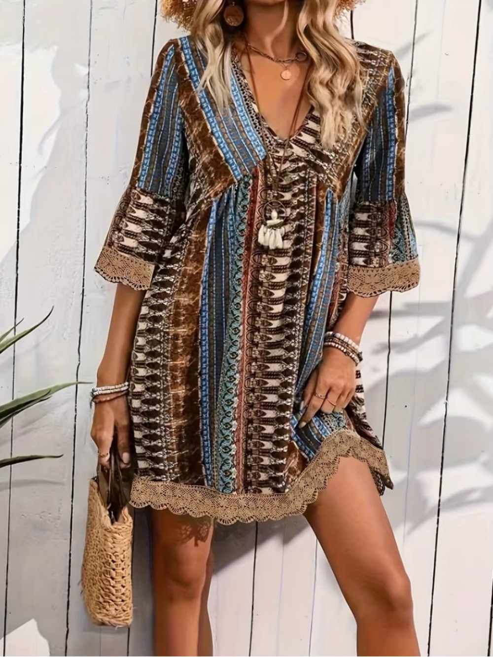 Boho Striped V-Neck Tunic Dress in Brown & Blue Women’s Size XXL Bohemian NWT